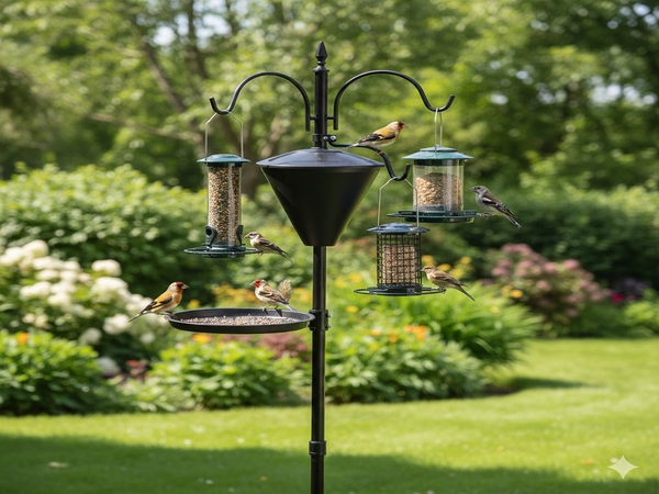 A well-designed bird feeding station with a pole, baffle, and multiple feeders